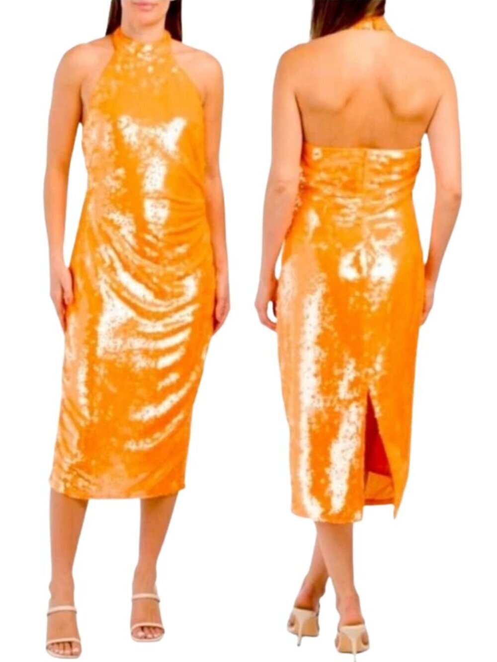 Caroline Constas Sequin Halter Midi Dress Women's Small Orange Formal Cocktail